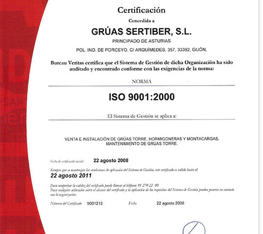 Certificado de calidad concedido a Grúas Sertiber, S.L.