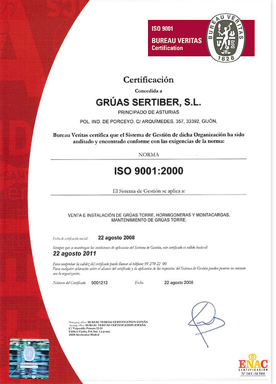 Certificado de calidad concedido a Grúas Sertiber, S.L.